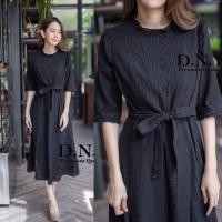 ราคา เดรสดำออกงาน M 2XL Maxi Dress เดรสสีดำผ้าฉลุลายแขนทรงสามส่วน สายผูกเอว งานป้าย DNY (18886317674)