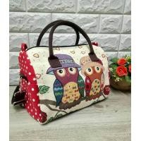 ราคา กระเป๋าผ้าทอลายนกฮูก ทรงหมอน S ลายนกฮูกคู่จุดแดง (443080855)