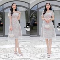 ราคา Lady white เดรสลูกไม้สั้น แขนตุ๊กตาน่ารักงานลูกไม้ทั้งชุดบุซับอย่างดี (20397361197)