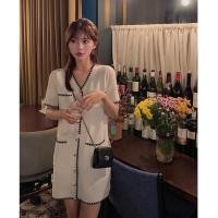 ราคา Cici 6600 Dress เดรสไหมพรมกระดุมหน้า ตัดขอบสีแนวชาแนลลุคคุณหนูสุดๆ (16660976551)