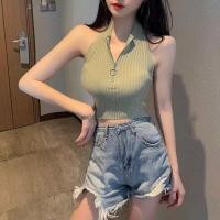 ราคา A one พร้อมส่ง ใหม่ 021 เสื้อกล้ามแขนกุดคอเต่าไหมพรมรูดหน้าเซ็กซี่แบบมีซิปZipper clothes (1892592879)