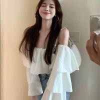 ราคา IELGY เสื้อเปิดไหล่ข้างเดียวสำหรับผู้หญิงเสื้อผ้าชีฟองเปิดไหล่สีขาว (12950425724)