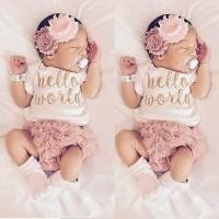 ราคา 3 ชิ้น NewbornToddler เด็กทารกสวัสดีโลก Romper Jumpsuit กางเกงขาสั้นกางเกงชุด ที่คาดผมดอกไม้สีชมพูชุดตุ๊กตา นานาชาติ (213049589)