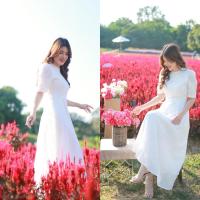 ราคา พร้อมส่ง XL 2XL ป้าย DNY เดรสยาว เดรสฉลุสีขาว คอปีน สวยเรียบหรู ชุดงานบุญ ทุ่งดอกไม้ (16826861809)