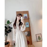 ราคา เดรสยาว คอวีแขนยาว ลายหรู น่ารักมาก สไตล์เกาหลี สม็อกเอว (18921406635)