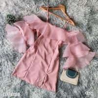 ราคา BS3274 เดรสออกงาน สายเดี่ยวผูกไหล่ผ้าซาร่า แต่งระบายแขนเป็นชั้นด้วยผ้าแก้ว เดรสออกเดท (16596355978)
