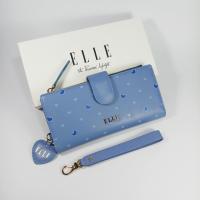 ราคา ELLE bag กระเป๋าสตางค์ผู้หญิงใบยาวพับประกบ สีฟ้า หนังแท้ลายโมโนแกรมรูปหัวใจ อะไหล่สีทอง (17148833875)