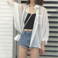 ราคา พร้อมส่ง เสื้อคลุมชีฟองสีขาว คอปก แขนยาว เชิ้ตชีฟอง ผู้หญิง oversize เสื้อกันแดดผู้หญิง เสื้อบาง (9721338922)