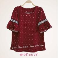 ราคา เสื้อลายจุดผ้าวูลเวฟยืดได้ คอกลม แขนระบาย อก 38 ยาว 23 (21285800276)