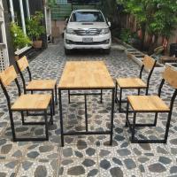 ราคา ชุดโต๊ะไม้ขาเหล็กพนักพิงไม้ (20479512908)