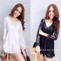 ราคา มินิเดรส และเดรสยาว ผ้าลูกไม้ แขนกระดิ่ง เอวสม็อคแต่งคอวี (3087436204)