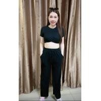 ราคา ชุดเซ็ต เสื้อครอปไขว้หน้าแขนสั้นคอกลมสีพื้น เอวลอย กางเกงขายาว มีกระเป๋ากางเกง 2 ข้าง (20585724419)
