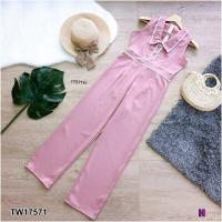 ราคา B17571 Jumpsuit จั้มสูทแขนกุดขายาว แต่งลูกไม้ขาว jumpsuit sleeveless jumpsuit white lace dress (19062168997)