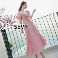 ราคา Maxi dressเปิดไหล่เนื้อผ้าอัดพลีท (21399542400)