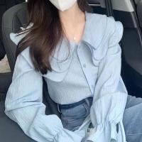 ราคา เสื้อเบลาส์ คอบัว ดูแพงมีเอกลักษณ์ เสื้อเชิ้ตผ้าชีฟองแขนยาวสีฟ้า (20824721630)