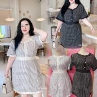 ราคา เดรสผ้าทวิตแต่งกระดุมมุก ชุดทำบุญ ชุดวันแม่ เสื้อผ้าสาวอวบ (21014310891)