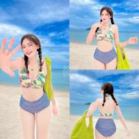 ราคา ชุดว่ายน้ำเอวสูง บราบนลายดอกไม้ใบไม้ กางเกงในเอวสูงลายทางดำขาว (21021609381)