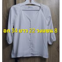 ราคา L95 เสื้อเชิ้ตคอวีกระดุมหน้าแขนสั้น 3 ส่วนปลายแขนจั๊มยางยืดสีขาวผ้าคอตตอนลายไม้มีซับในทั้งตัวงานสุภาพเรียบร้อยสวมใส่สบาย (21375064717)