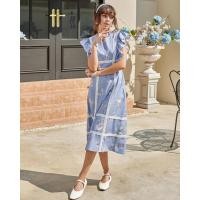 ราคา Wila Ingrid Midi Dress เดรสยาวครึ่งแข้งคอกลมแขนกุดพิมพ์ลายรีพีท Blue Antique โทนสีฟ้าทั้งตัว ช่วงบ่าตกแต่งระบายรูด เดินเทปลูกไม้สีขาวตกแต่งหลายตำแหน่งทั้งตัว ช่วงกระโปรงทรงเอยาว ซิปหลัง มีซับใน (21433
