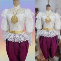 ราคา ชุดไทยเสื้อลลูกไม้ ชุดหมูแฮม ชุดไทยรัชกาลที่ 5 ชุดไทยเสื้อลูกไม้แขนหมูแฮมสีขาว โจงผ้าพื้นสีบานเย็นเข้ม ราคาไม่รวมเครื่องประดับ (21397325718)