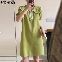 ราคา VONDA เดรสจับจีบมีซิปสำหรับผู้หญิงเดรสจับจีบแขนพองลำลองชุดกระโปรงแบบสั้นมินิปกแบบมีซิปหน้า ลายดอกไม้เกาหลี (18592888230)