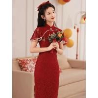 ราคา ชุดกี่เพ้าสีแดงไวน์ชุดยกน้ำชาดูแพงสไตล์จีนแบบประยุกต์ชุดแต่งงานงานหมั้นสำหรับผู้หญิงเจ้าสาวกลับประตูชุดลำลองลูกไม้ (20690795327)