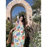 ราคา เดรสยาว ชุดเดรสลายดอกไม้กราฟฟิค สายเดี่ยวสีน้ำเงินมัดไหล่ สวยมาก งานใหม่ ชุดเที่ยวทะเล (18170541947)