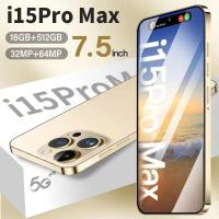 ราคา 2023โทรศัพท์มือถือใหม่I15 Pro Max 7 5นิ้ว16GB RAM 512GB ROM 32 64MP HDกล้อง6800MAhแบตเตอรี่สมาร์ทโฟนDual SIM HD 5G WiFiกล้องสมาร์ทโฟน (21199934350)