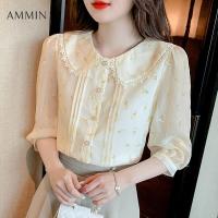 ราคา AMMIN เดรสผ้าชีฟองลายดอกไม้แขนสามส่วนเสื้อชีฟองแขนสั้นคอตุ๊กตาแฟชั่นสไตล์เกาหลีเสื้อชีฟองลายดอกไม้2022 (14732593038)