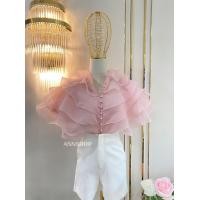 ราคา พร้อมส่งรุ่นแขนสั้น เสื้อเชิ้ตออกงานแต่งอกอลังระบายผ้าแก้ว เสื้อฟรุ้งฟริ้งผ้าแก้วเกาหลี (21210459340)