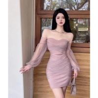 ราคา พร้อมส่ง เดรสสั้น เดรสสีชมพูเข้ม แขนชีฟอง ใส่ปาดไหล่ น่ารักมากๆ (18294230230)