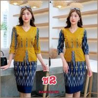 ราคา พร้อมส่งชุดเดรสลายไทยผ้าฝ้ายหมักโคลนสีเหลืองวันพ่อสวยๆ (20991138757)