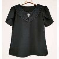 ราคา เสื้อสีดำ คอกลมแต่งลูกไม้ แขนกลับบัว ผ้าวูลเวฟเนื้อดียืดได้ อก 40 44 (21381641391)