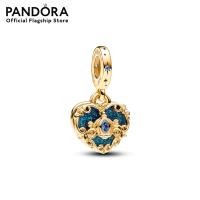 ราคา Pandora Disney Cinderella heart 14k gold plated double dangle with fancy light blue cubic zirconia and glittery blue enamel (21161549235)