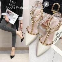 ราคา พร้อมส่ง TX196 รองเท้าคัชชูส้นสูง หนังแก้วแต่งประดับโลหะ หัวแหลม สูง3 5นิ้วรองเท้าแฟชั่น (5586346439)