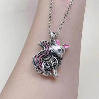 ราคา RY การออกแบบดั้งเดิมย้อนยุค สร้อยคอจิ้งจอก เสริมดวง ดอกท้อ ได้งาน ความรัก จิ้งจอกสีชมพู โมเดล 3 มิติ สร้อยคอเงิน (17192052463)