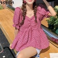 ราคา VONDA เสื้อผู้หญิงแขนพองคอวีมีระบายพิมพ์ลายหัวใจ ลำลองเกาหลี (19186542845)