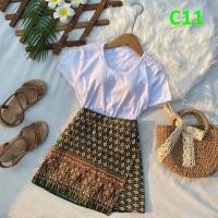 ราคา ผ้าถุงลายไทย กระโปรงผ้าถุง กระโปรงกางเกงผ้าไทย เซทกระโปรง2ชิ้น เสื้อพร้อมกระโปรงลายไทย (21419512588)