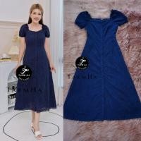 ราคา เดรสออกงานขับผิว S 6XL Maxi Dress เดรสสีกรมเดรสสีน้ำเงินผ้าฉลุลายกระดุมหน้าแขนตุ๊กตา งานป้าย Tarm Ha (19726456518)