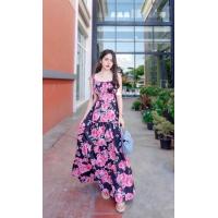 ราคา Maxi dress เดรสผูกไหล่ลายดอกกุหลาบ (16400656989)