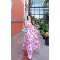 ราคา Maxi dress เดรสผูกไหล่ลายดอกกุหลาบ (16400656990)
