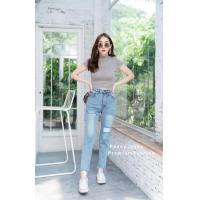 ราคา กางเกงยีนส์ทรงบอยแต่งขาด ปลายขาตัด เอวสูง ผ้าไม่ยืด (14121614515)