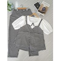 ราคา 1219 เซตเสื้อแฟชั่นแต่งเอี๊ยมผูกหลัง กางเกงขายาว (21268661848)