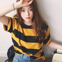 ราคา พร้อมส่งไทย ราคาถูก เสื้อแขนสั้นคอกลม ลายทางเหลืองดำ (14336399545)