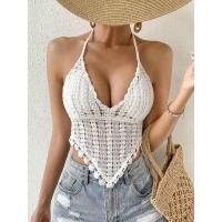 ราคา บราผูกคอ บิกินี่ เสื้อครอป สายเดี่ยวถักโครเชต์แต่งชาย พร้อมแผ่นรอง 113 (21418995544)