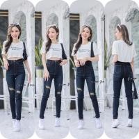 ราคา กางเกงยีนส์ขาเดฟเอวสูงผ้าซาร่าเนื้อผ้ายืดนิมดีเทลเจียรขาดเข่าแบบสวยๆ (16503560802)