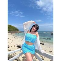 ราคา เซต 3 ชิ้น ลายสก็อต เกาะอก กระโปรงทรงเอ สม๊อครอบตัว เข้ารูป มาพร้อมเสื้อคลุมสีขาวชีฟอง เสื้อผ้าสาวอวบอ้วน พลัสไซส์ (19398151791)