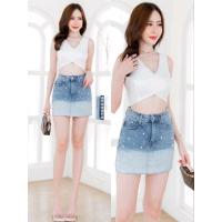 ราคา 5750 กระโปรงกางเกงยีนส์ขาสั้นผ้ายีนส์ยืดดีไซร์ฟอกสีโทนทูพร้วมแต่งมุกตามเทรล (19555847489)