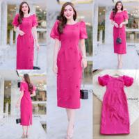 ราคา พร้อมส่ง S XL ป้าย Orange Juice เดรสยาว สีบานเย็น ปัก 3D แขนพอง ชุดออกงาน (21353130709)