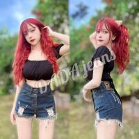 ราคา กางเกงยีนส์ขาสั่นเอวสูงแต่งกระดุมหน้าขาดเซอร์ปายขาลุ่ย (20064290429)